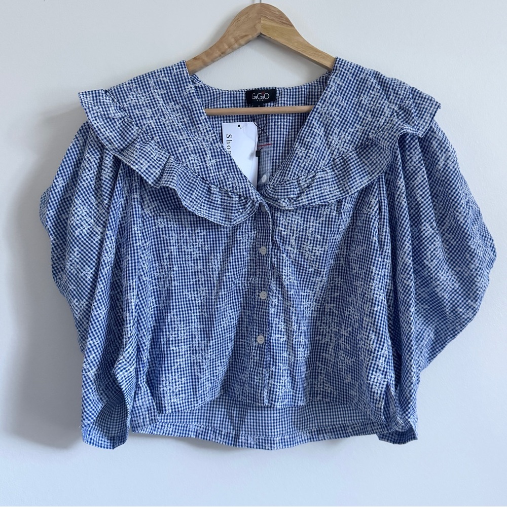 NEW Gigio Gingham Floral Puff Sleeve Top size small blue ruffle boho NWT blouse - Picture 2 of 6